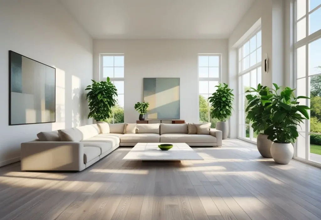 A modern living room with sunlight streaming onto a light oak chevron wood parquet flooring, showcasing a bright interior design.