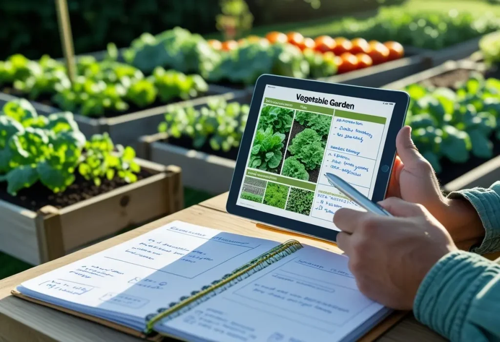 A gardener using a grow a garden calculator to plan planting schedules and improve garden productivity.