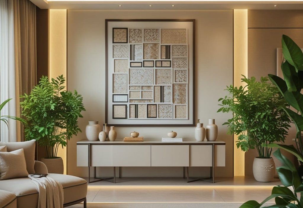 Collage art framed on a wall as a stylish home decor statement piece