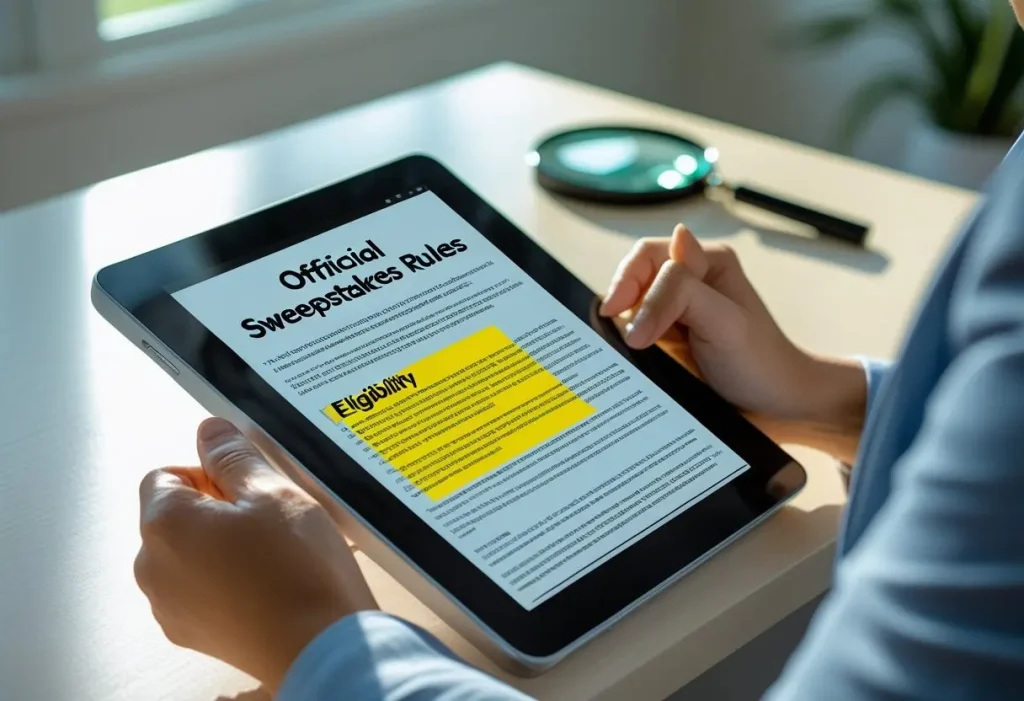 Reading the official rules before entering a Better Homes & Gardens sweepstakes.