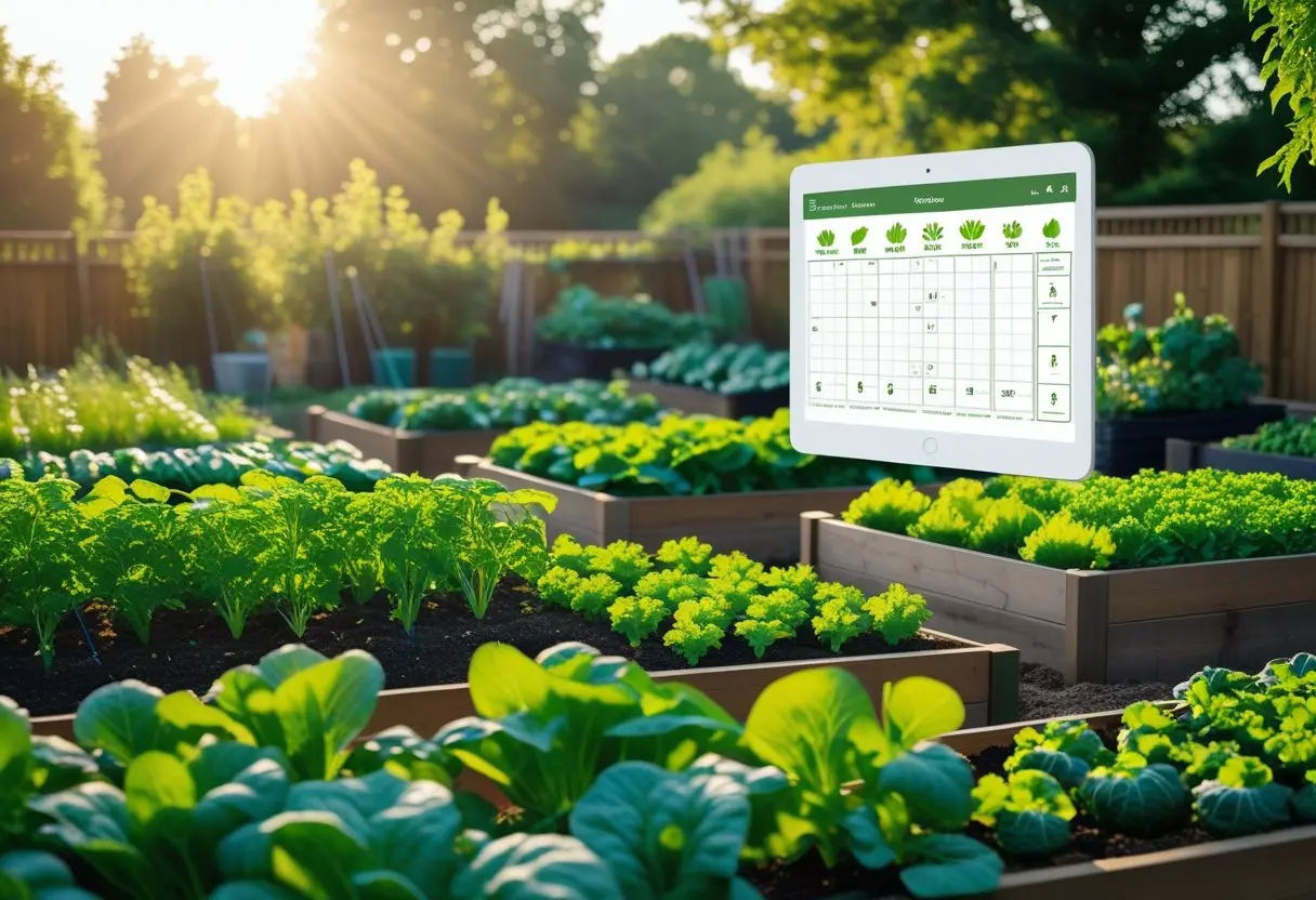 A grow a garden calculator visual showing a well-planned home vegetable garden with organized planting and spacing.