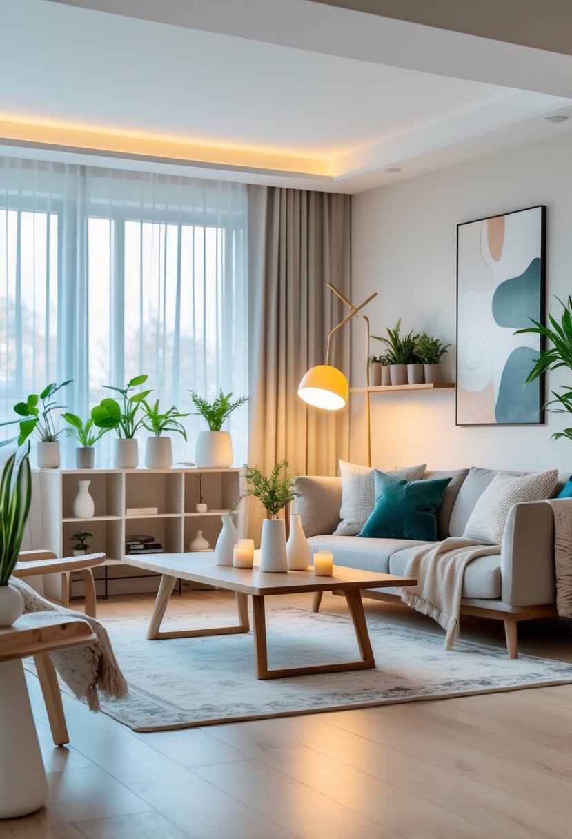 A bright living room with a sofa, coffee table, floor lamp, indoor plants, and wall art illuminated by natural light.