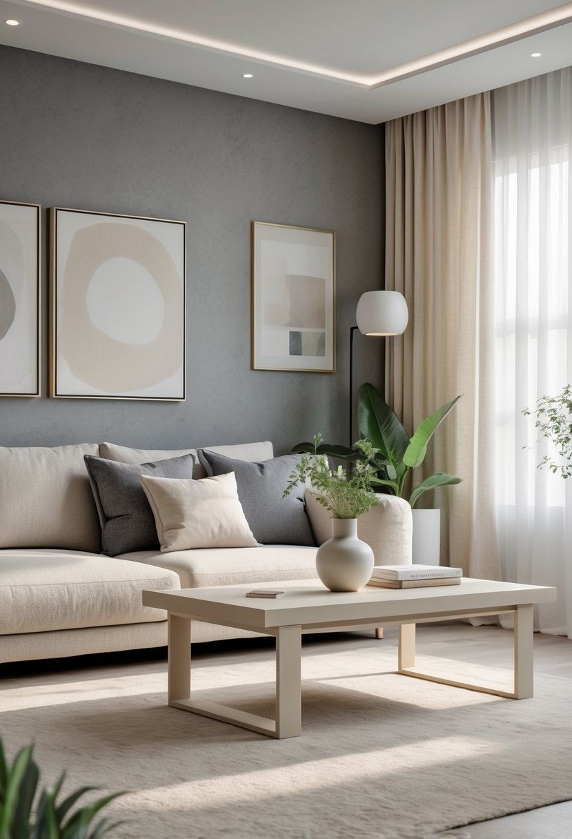 A modern living room with a beige sofa, grey and beige pillows, a wooden coffee table with a small plant, and large windows letting in natural light.