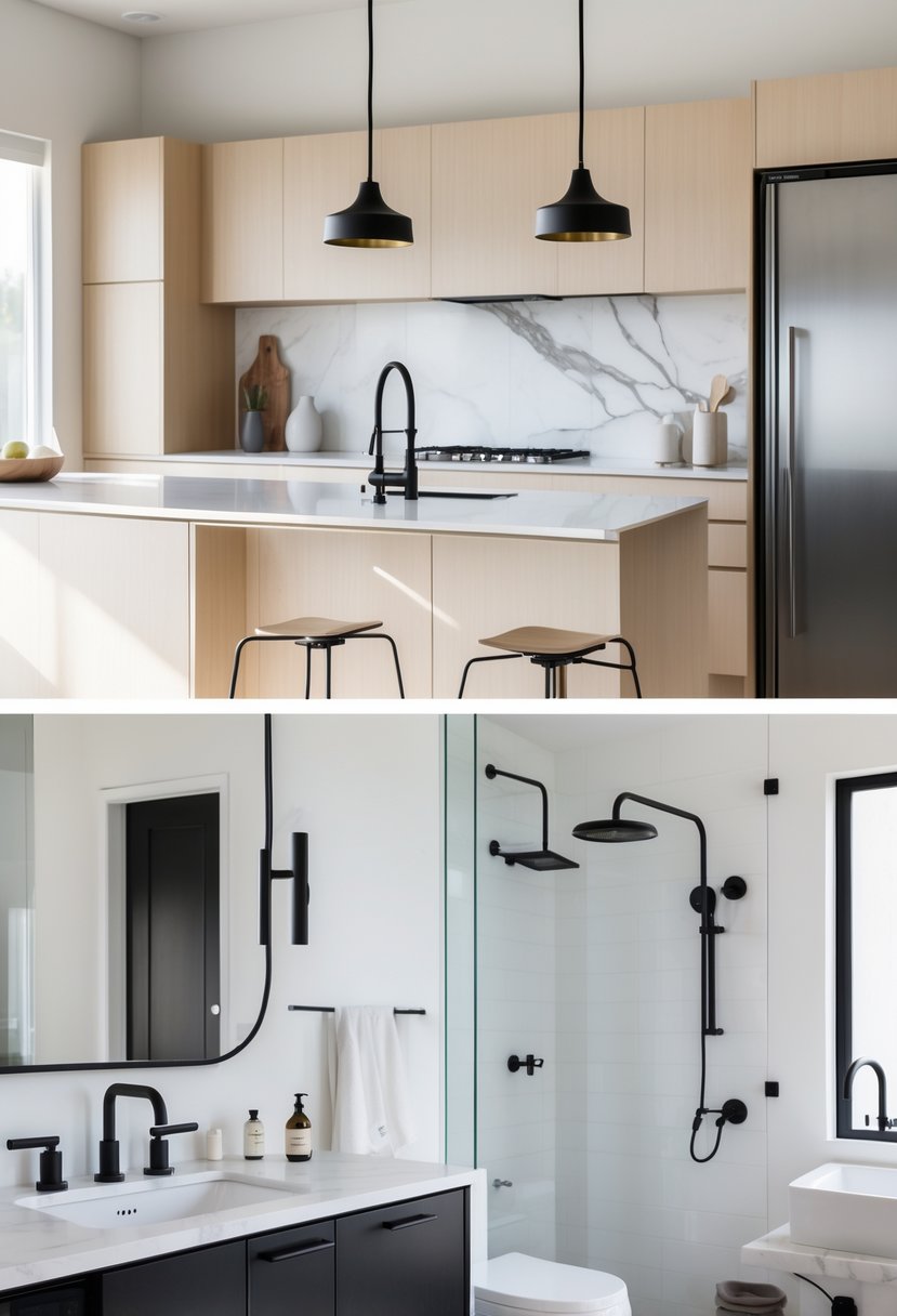 A kitchen and bathroom with matte black faucets and fixtures, white countertops, and light wood cabinetry in a bright, clean setting.