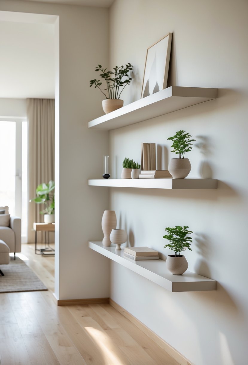 A modern living space with floating shelves on a light wall holding plants and decorative items.