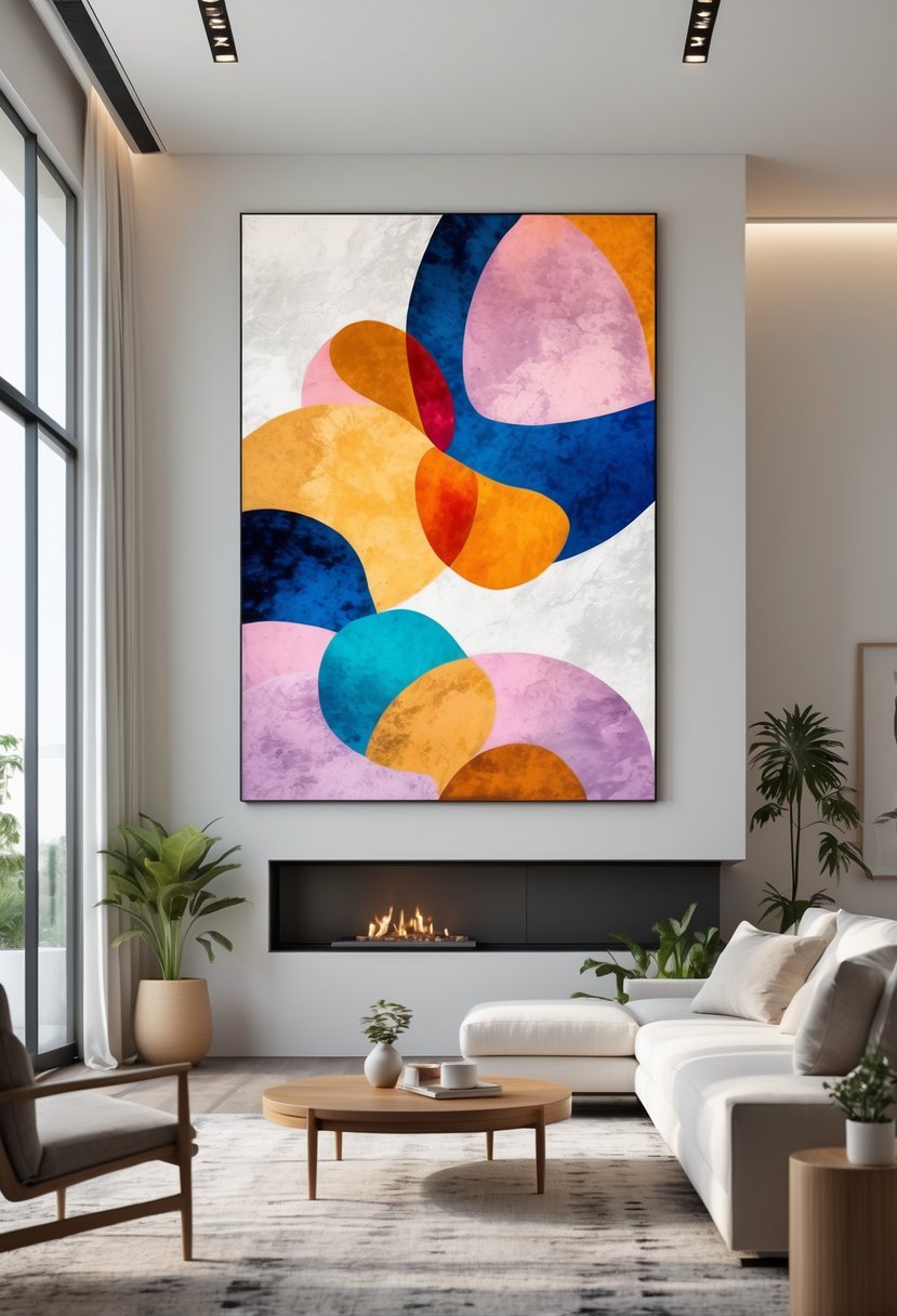 A spacious living room with a large colorful abstract painting on a white wall, modern furniture, and natural light coming through big windows.