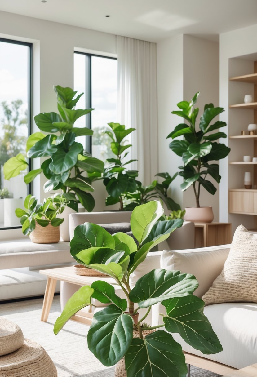 A modern living room with several indoor fiddle leaf fig plants, natural light, and minimalist furniture.