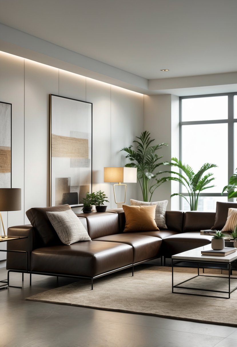 A modern living room with a dark brown leather sectional sofa, coffee table, floor lamp, and decorative plants under natural light.