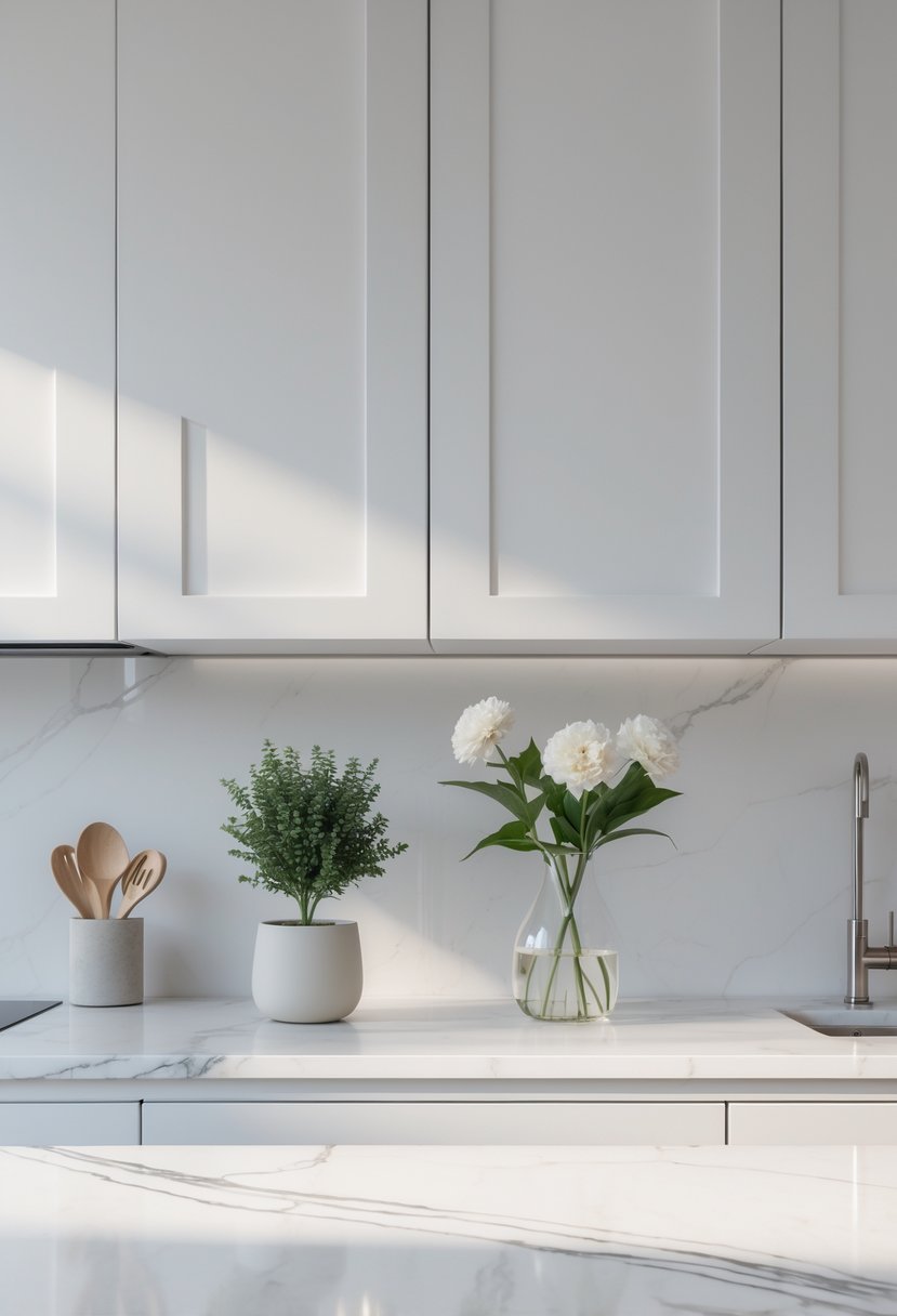 A modern kitchen countertop made of white marble with subtle veins, decorated with a small plant, a glass vase with flowers, and kitchen utensils.