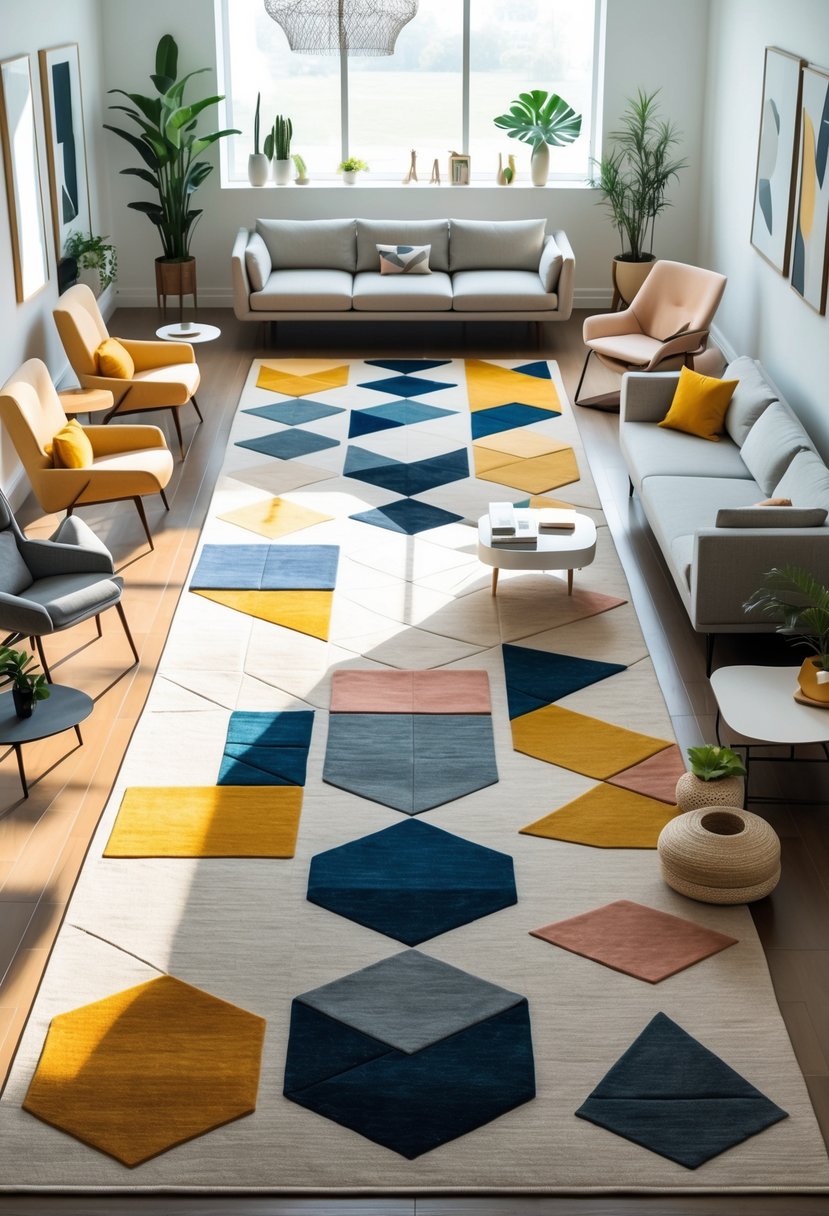 A modern living room with various geometric patterned area rugs on the floor, surrounded by contemporary furniture and home decor.