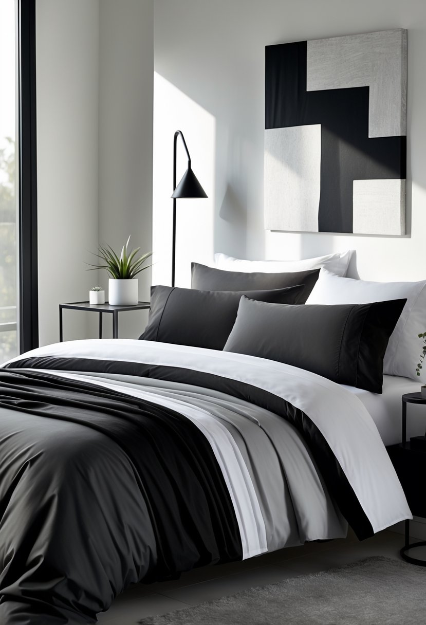 A neatly made bed with black, white, and gray bedding in a modern bedroom with a bedside table, lamp, and window letting in natural light.