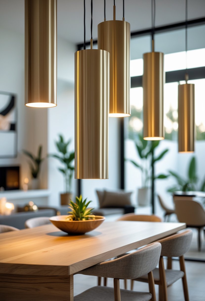 A modern living space with brushed metal pendant lights hanging above a dining table surrounded by chairs and plants.