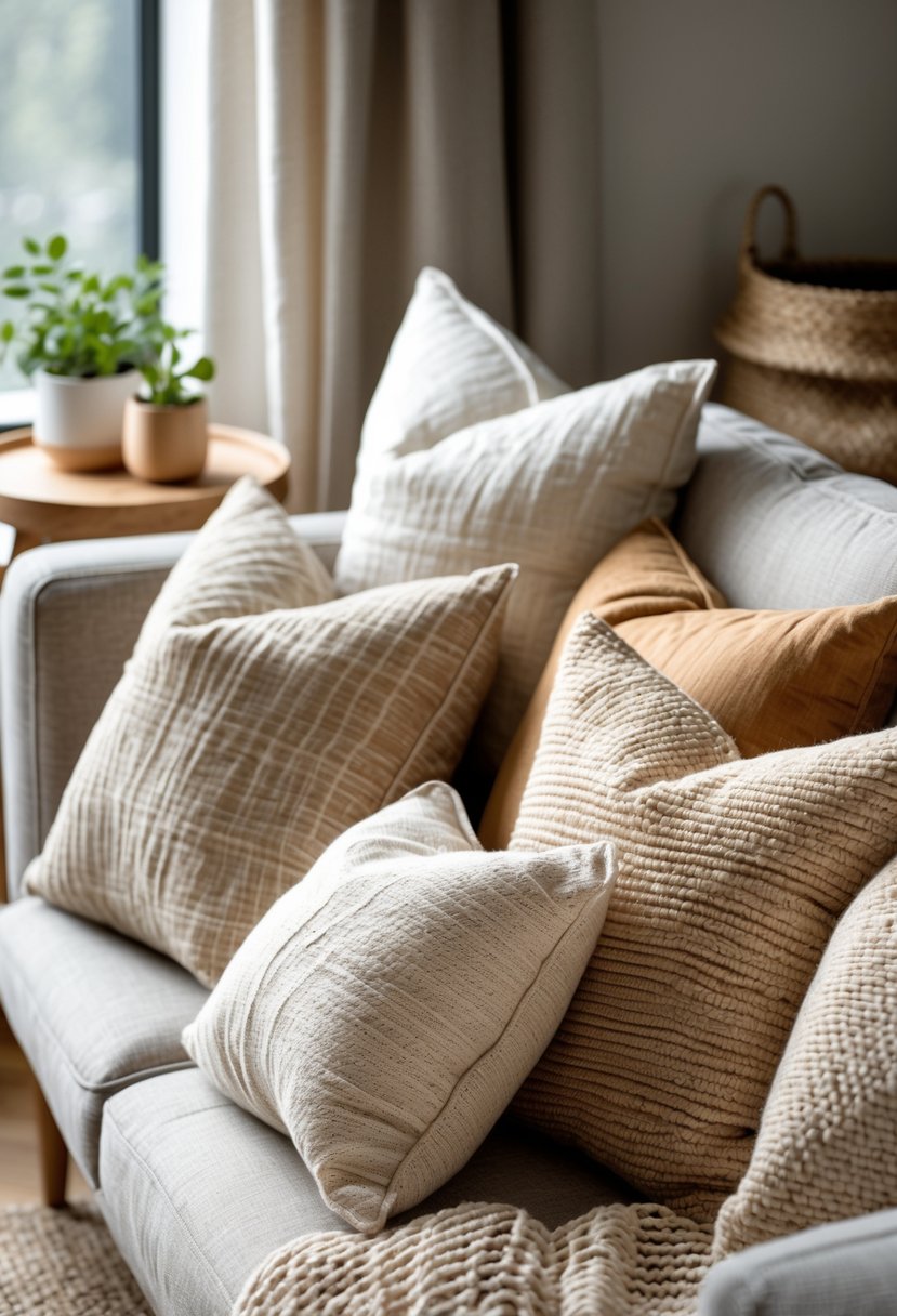 A cozy living room corner with a sofa adorned with textured throw pillows in natural fabrics and neutral colors, accompanied by a wooden side table with a plant and a woven basket.