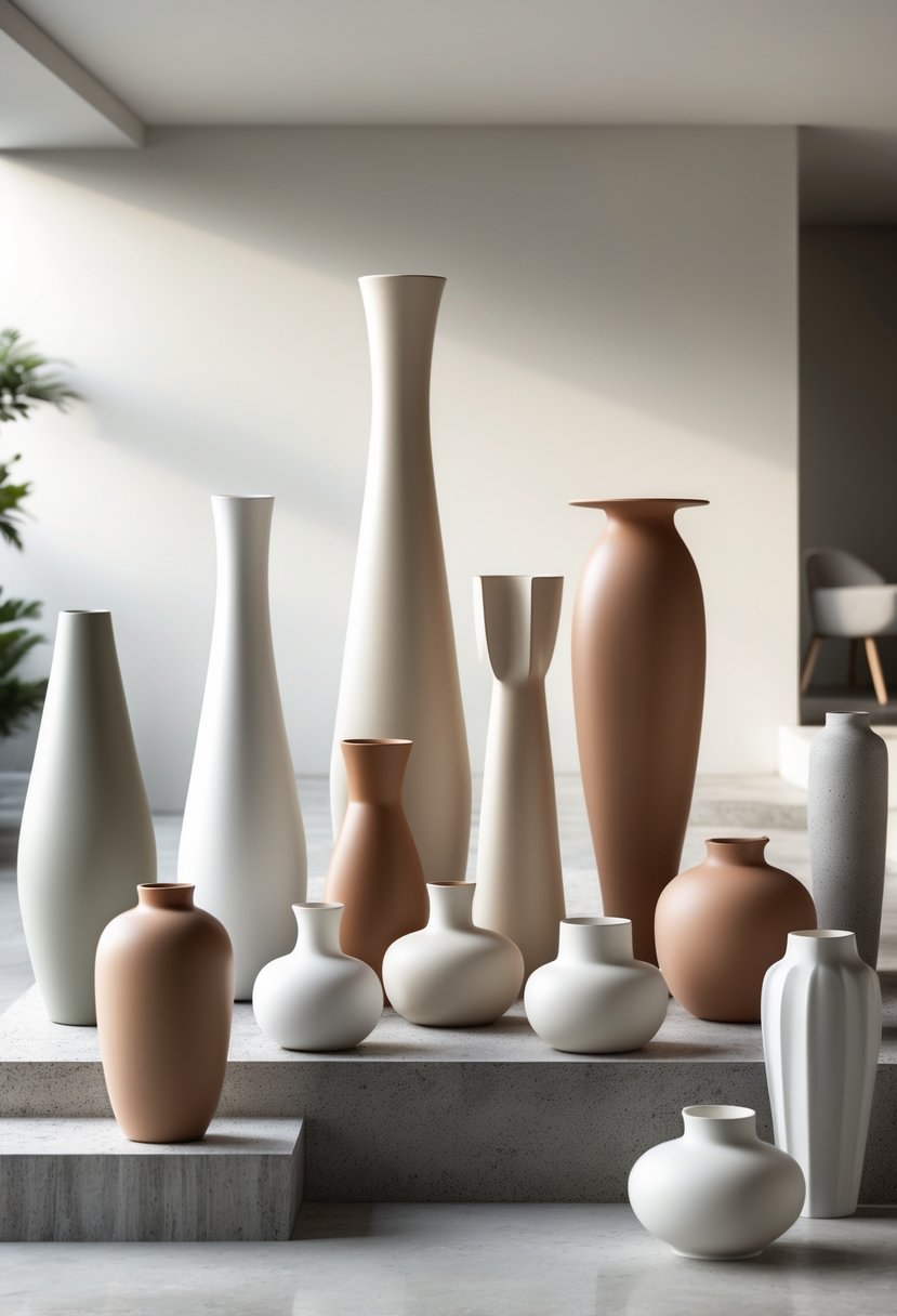 A collection of sculptural vases of different shapes and sizes arranged on wooden and stone surfaces in a modern interior setting.