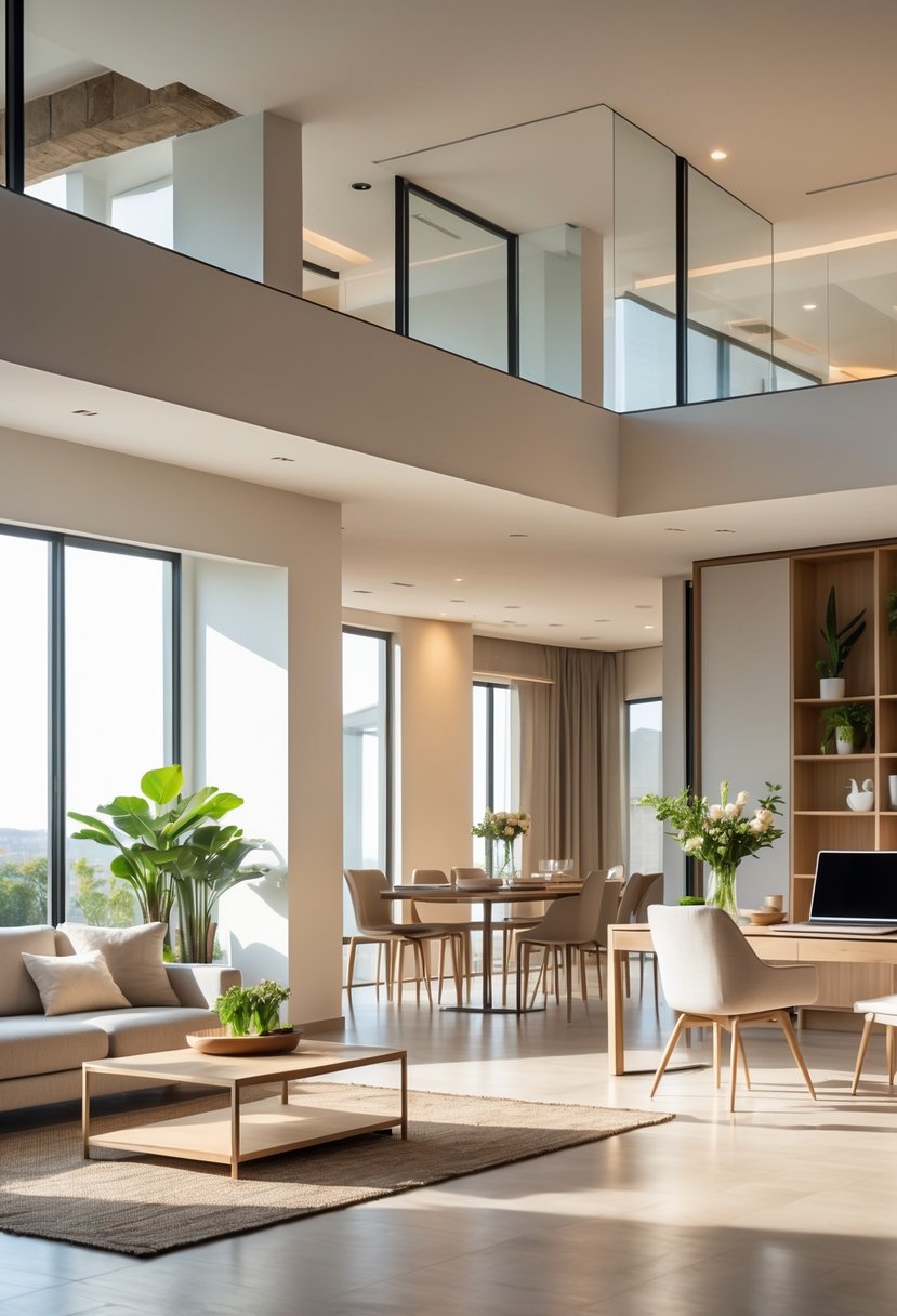 A spacious open floor plan interior with distinct living, dining, and work areas, featuring furniture, plants, and large windows letting in natural light.