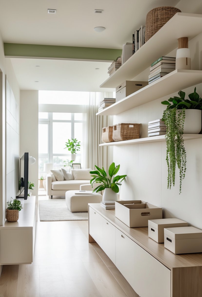A modern living room with built-in shelves, storage baskets, plants, and decorative items neatly arranged in a bright, organized space.