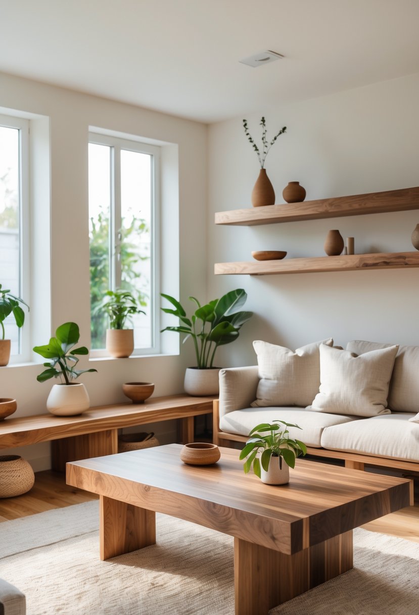 A modern living room with wooden furniture, shelves, plants, and natural light.