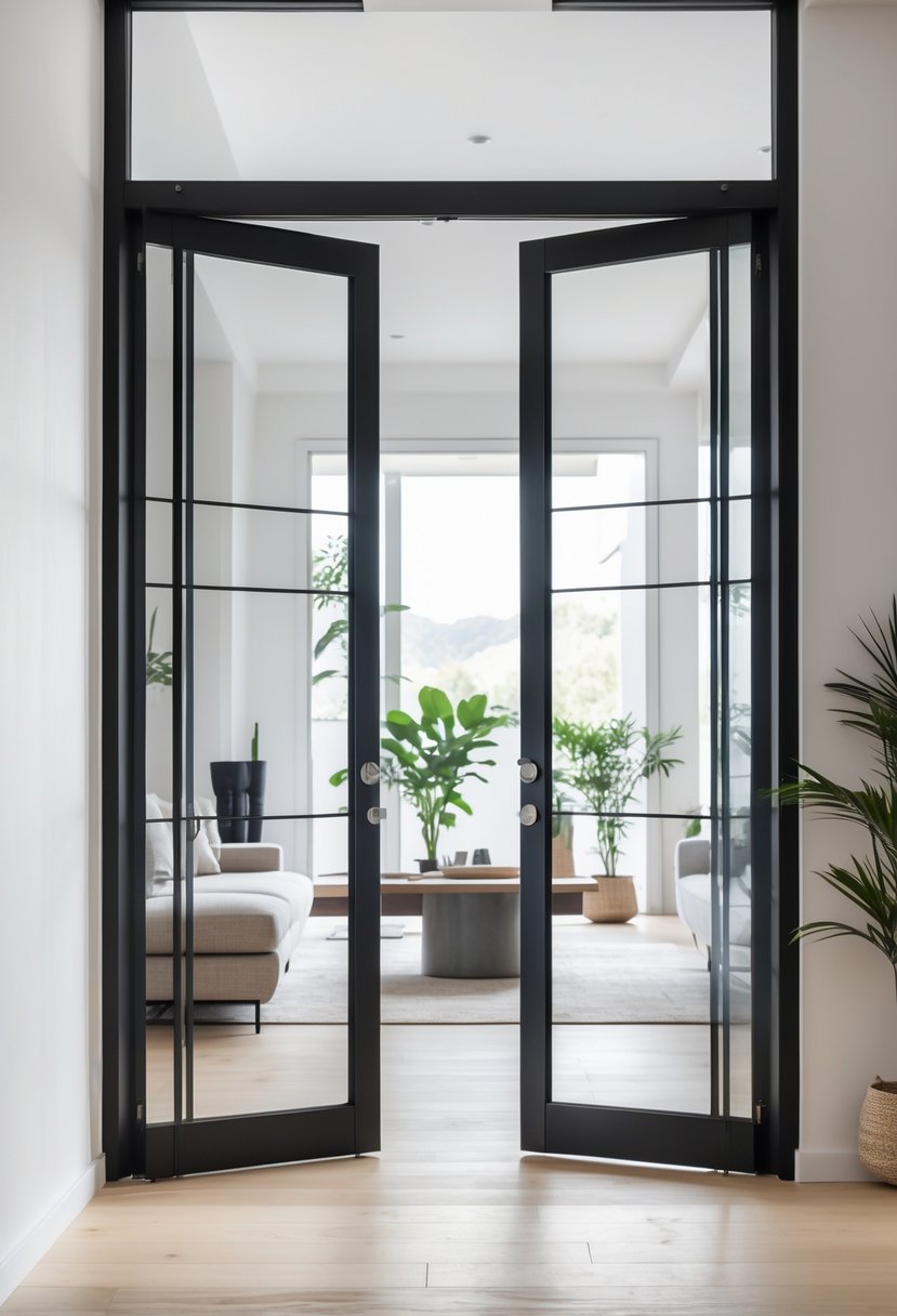 Interior view of a room with large black-framed glass doors, light wood flooring, and modern furniture.