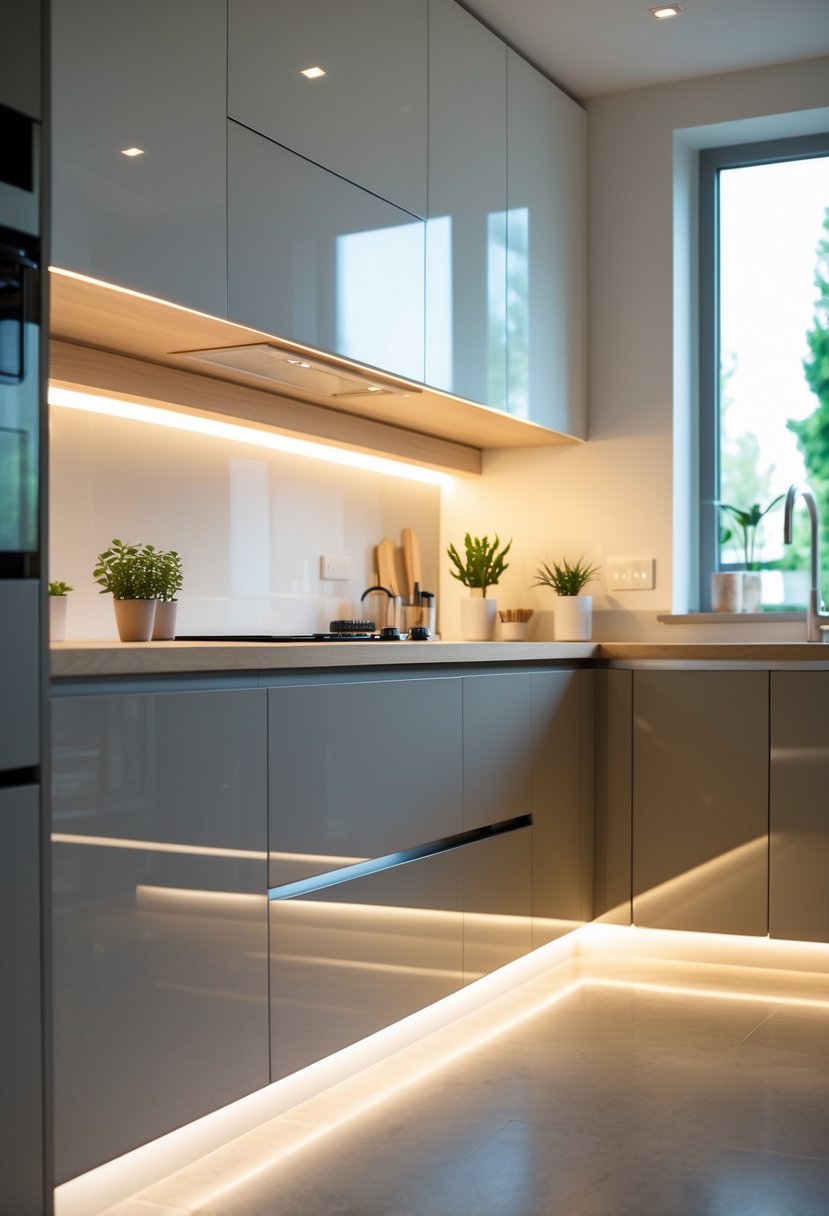 Modern kitchen with integrated LED lights under cabinets illuminating the countertop.