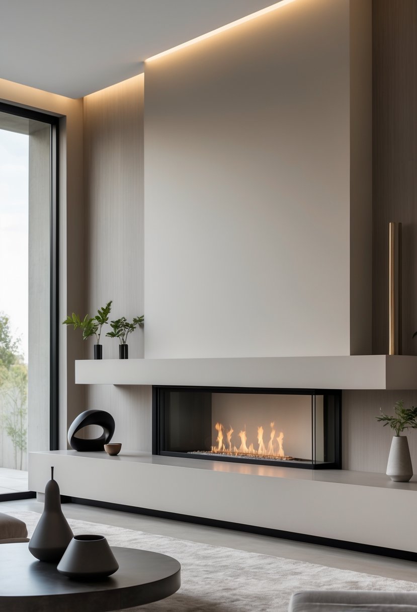 A modern living room with a minimalist fireplace and simple mantel, decorated with plants and vases, illuminated by natural light.
