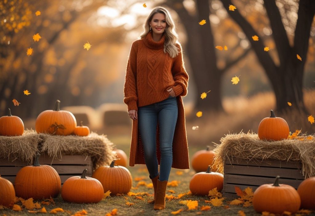 Woman wearing a cozy Thanksgiving Outfit with fall colors, pumpkins, and autumn leaves.