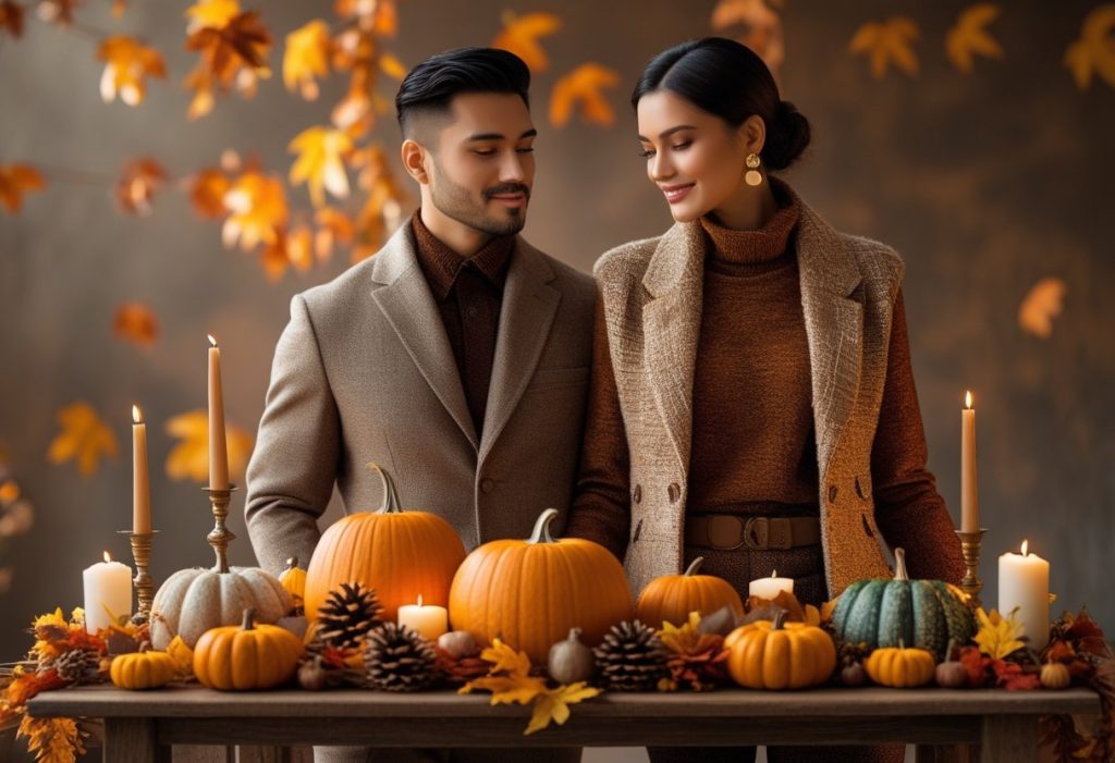 Couple wearing matching Thanksgiving Outfit styles with fall décor and pumpkins.