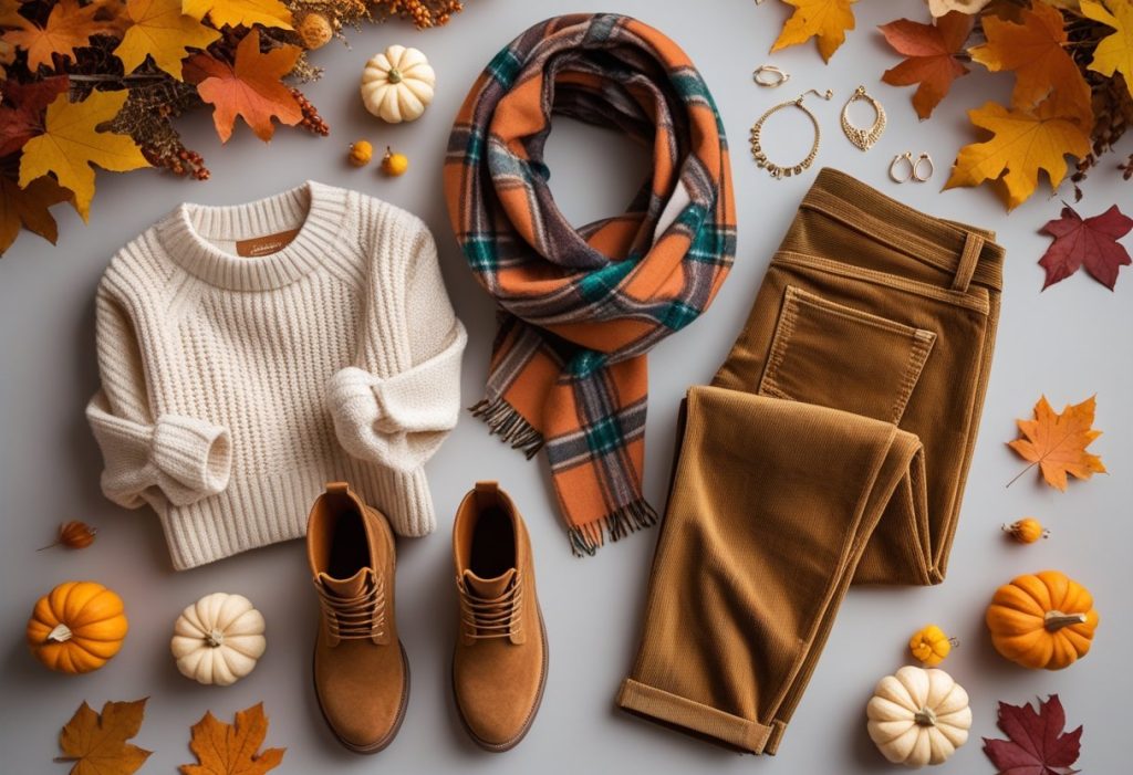Flat-lay image of a Thanksgiving Outfit with knitwear, boots, scarf, and fall accessories.