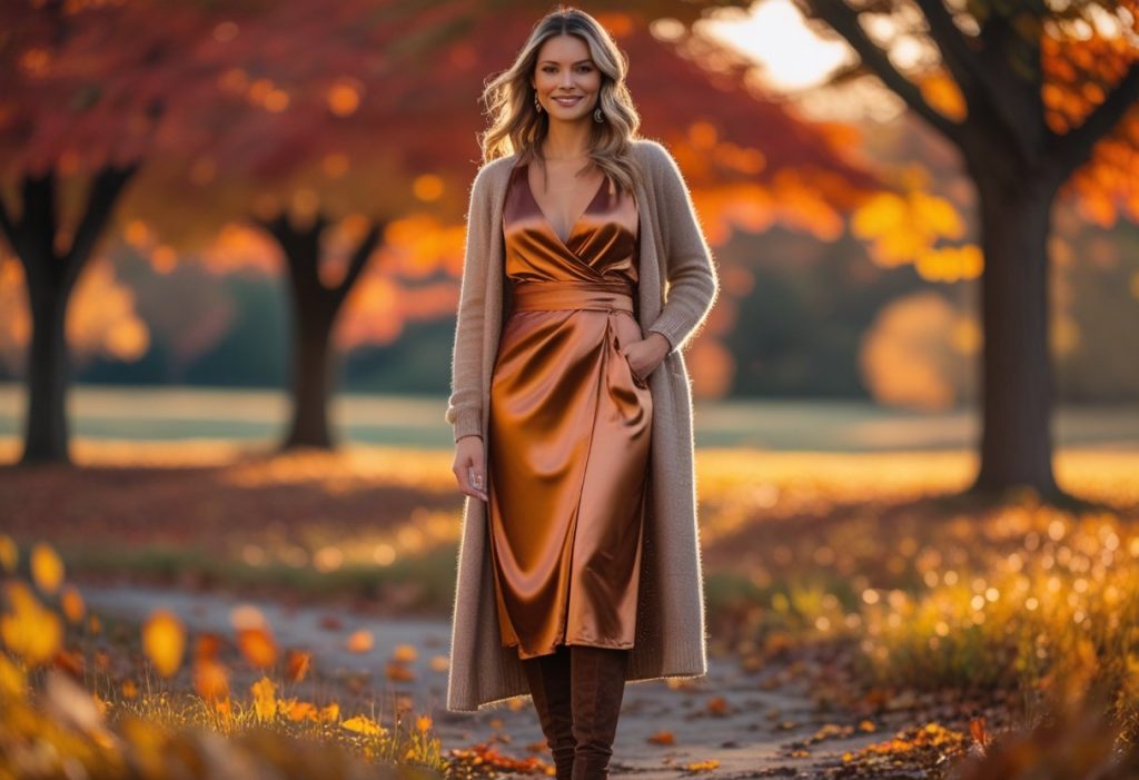Woman wearing a chic Thanksgiving Outfit with a satin dress, cardigan, and fall leaves background.