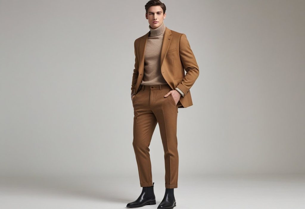 Winter season Men’s Business Casual Outfits with camel blazer